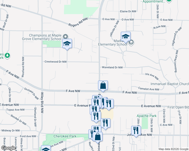 map of restaurants, bars, coffee shops, grocery stores, and more near 3505 Amanda Court Northwest in Cedar Rapids