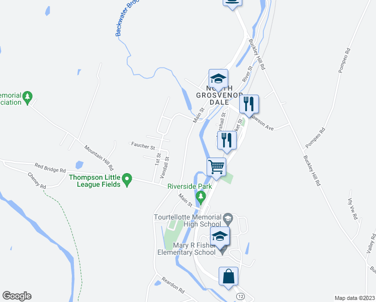 map of restaurants, bars, coffee shops, grocery stores, and more near 65 Main Street in Thompson