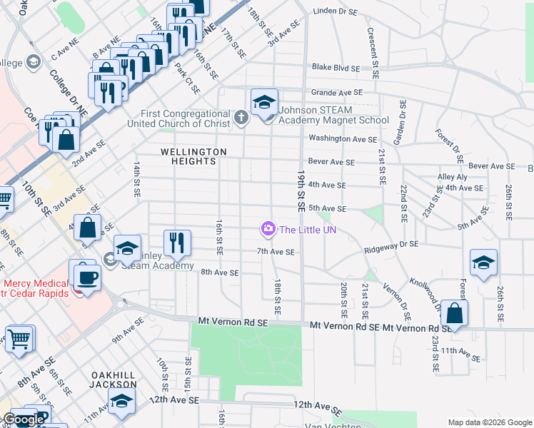 map of restaurants, bars, coffee shops, grocery stores, and more near 1733 5th Avenue Southeast in Cedar Rapids