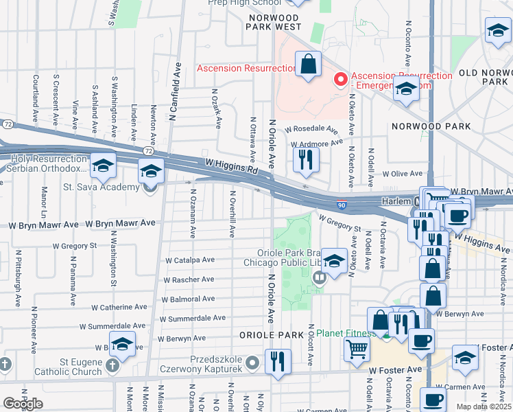 map of restaurants, bars, coffee shops, grocery stores, and more near 5617 North Ottawa Avenue in Chicago