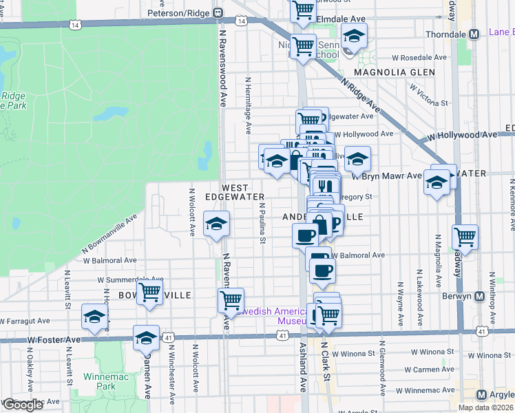 map of restaurants, bars, coffee shops, grocery stores, and more near 5514 North Paulina Street in Chicago