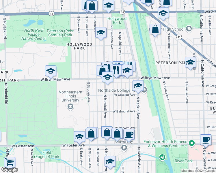 map of restaurants, bars, coffee shops, grocery stores, and more near 5510 North Christiana Avenue in Chicago