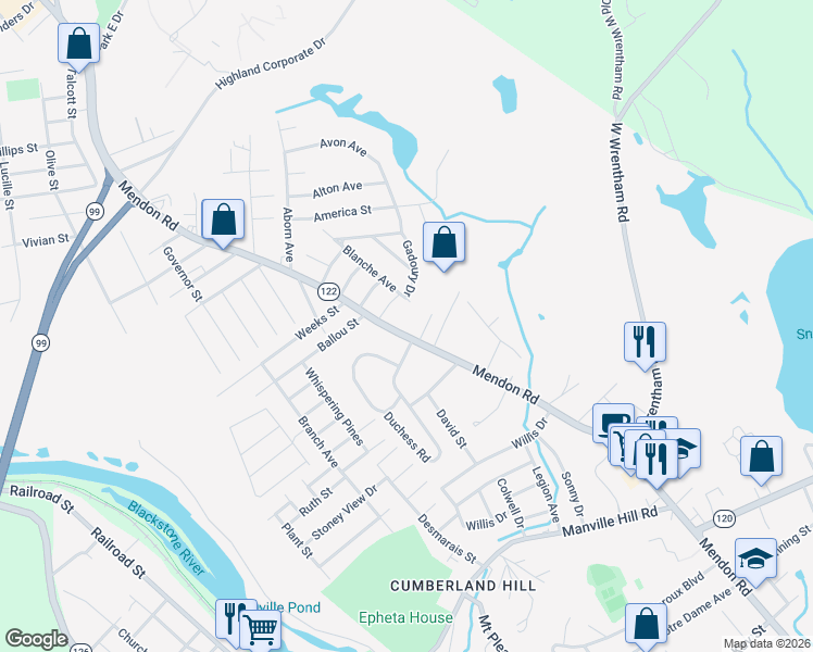 map of restaurants, bars, coffee shops, grocery stores, and more near 3781 Rhode Island 122 in Cumberland