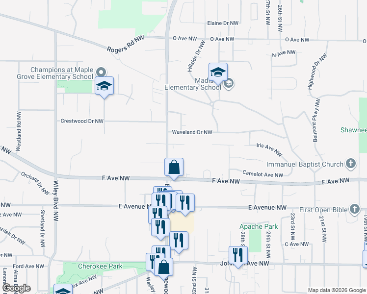 map of restaurants, bars, coffee shops, grocery stores, and more near 3217 Iris Avenue Northwest in Cedar Rapids