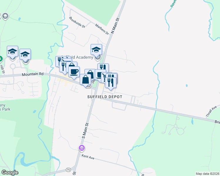 map of restaurants, bars, coffee shops, grocery stores, and more near 68 Bridge Street in Suffield