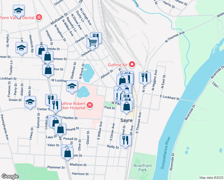 map of restaurants, bars, coffee shops, grocery stores, and more near 101 South Wilbur Avenue in Sayre