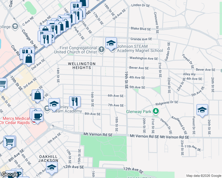 map of restaurants, bars, coffee shops, grocery stores, and more near 1733 5th Avenue Southeast in Cedar Rapids