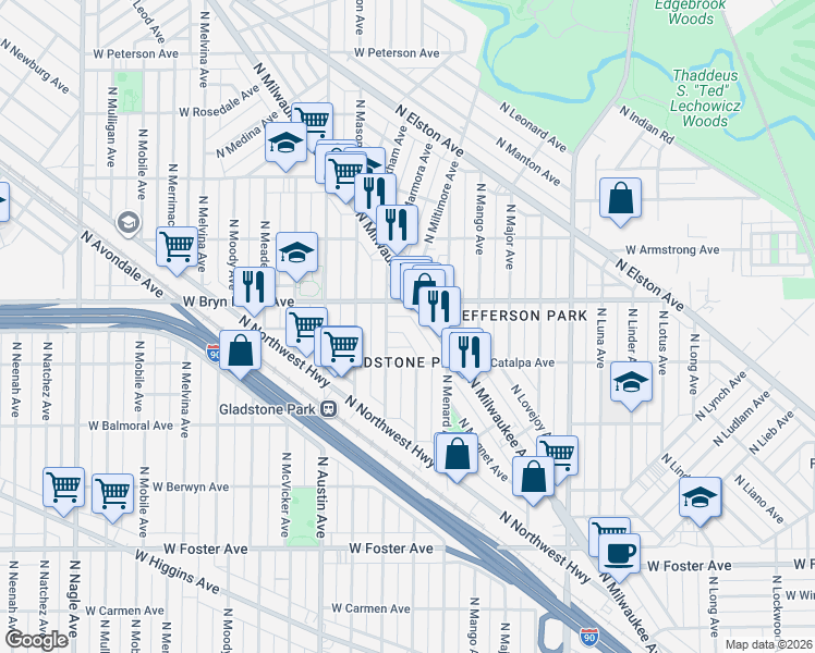 map of restaurants, bars, coffee shops, grocery stores, and more near 5539 North Monitor Avenue in Chicago