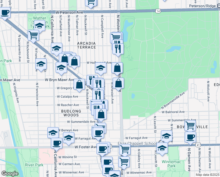 map of restaurants, bars, coffee shops, grocery stores, and more near 5519 North Campbell Avenue in Chicago