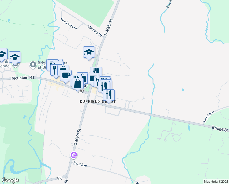 map of restaurants, bars, coffee shops, grocery stores, and more near 2 Brandywine Lane in Suffield