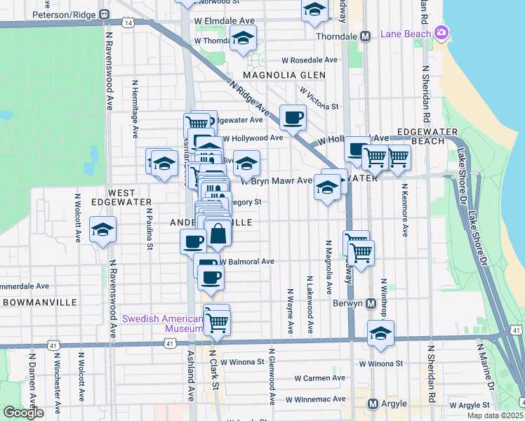 map of restaurants, bars, coffee shops, grocery stores, and more near 1426 West Catalpa Avenue in Chicago