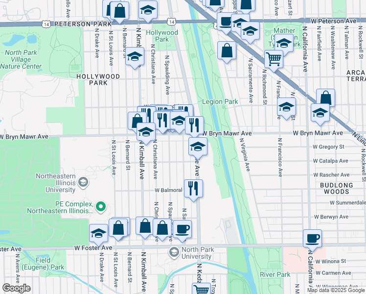 map of restaurants, bars, coffee shops, grocery stores, and more near 5523 North Sawyer Avenue in Chicago