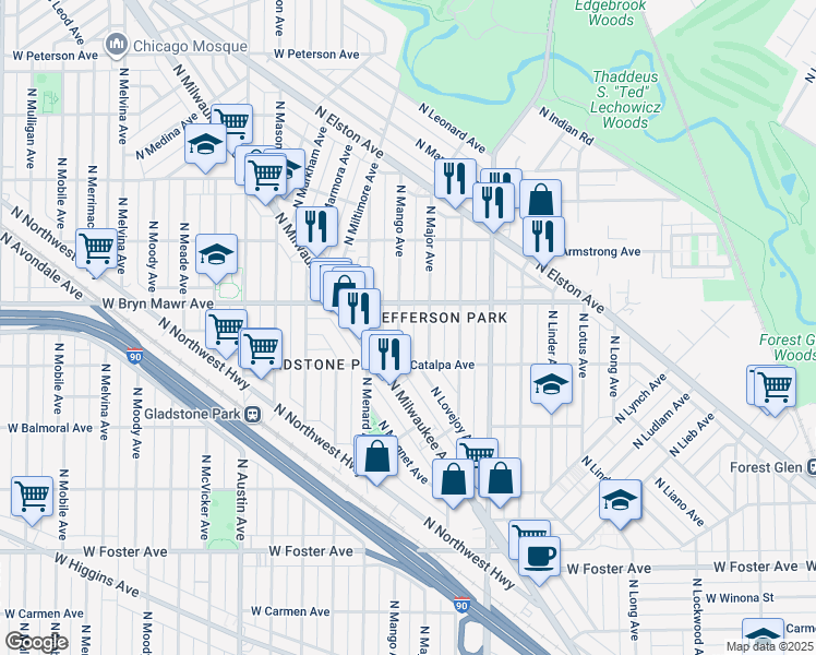 map of restaurants, bars, coffee shops, grocery stores, and more near in Chicago