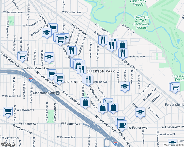 map of restaurants, bars, coffee shops, grocery stores, and more near in Chicago