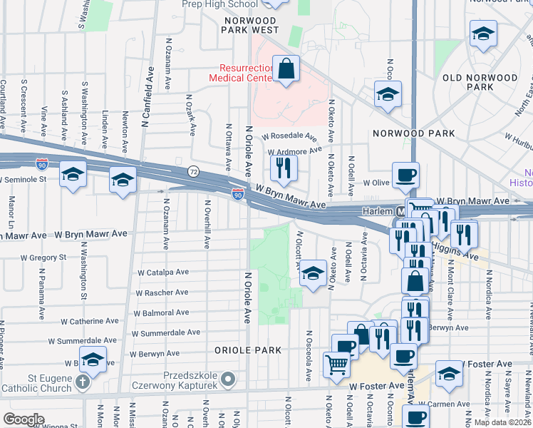 map of restaurants, bars, coffee shops, grocery stores, and more near 7534 West Bryn Mawr Avenue in Chicago