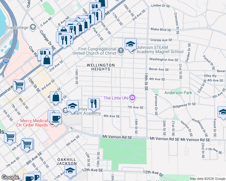 map of restaurants, bars, coffee shops, grocery stores, and more near 515 17th Street Southeast in Cedar Rapids