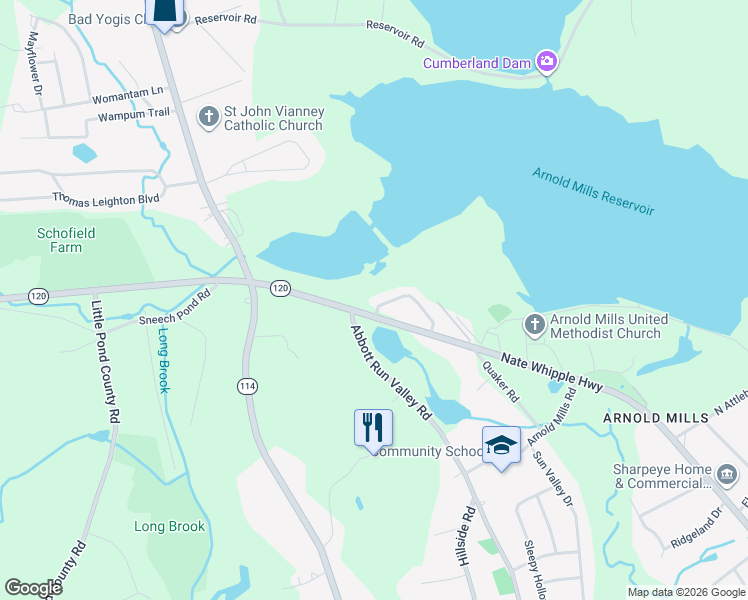 map of restaurants, bars, coffee shops, grocery stores, and more near 6 Birchwood Drive in Cumberland