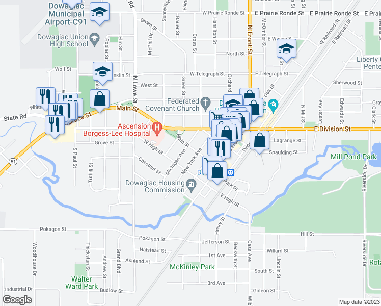 map of restaurants, bars, coffee shops, grocery stores, and more near 301 Main Street in Dowagiac