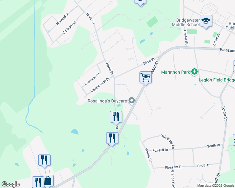 map of restaurants, bars, coffee shops, grocery stores, and more near 155 North Street in Bridgewater