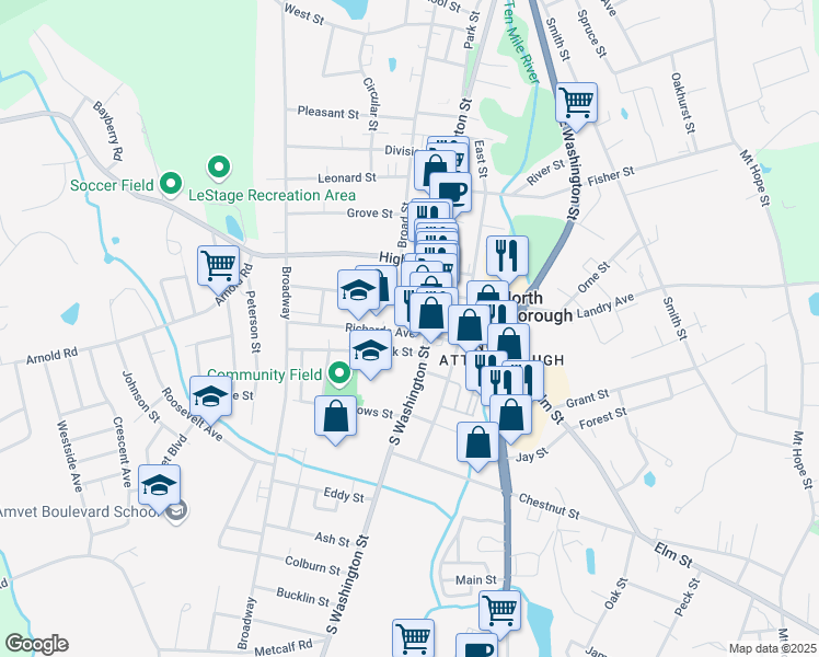 map of restaurants, bars, coffee shops, grocery stores, and more near 13 Richards Avenue in North Attleborough