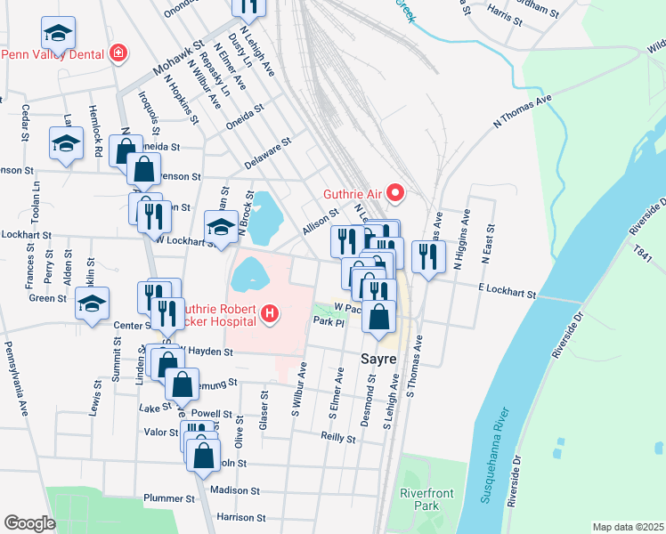 map of restaurants, bars, coffee shops, grocery stores, and more near 101-199 S Wilbur Ave in Sayre