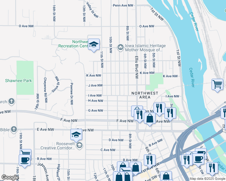 map of restaurants, bars, coffee shops, grocery stores, and more near 1015 10th Street Northwest in Cedar Rapids