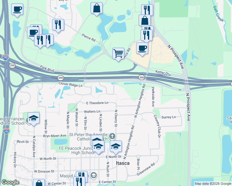 map of restaurants, bars, coffee shops, grocery stores, and more near 406 East Tall Oaks Lane in Itasca