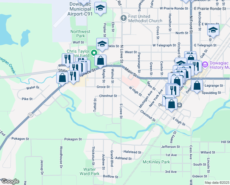 map of restaurants, bars, coffee shops, grocery stores, and more near 506 Chestnut Street in Dowagiac