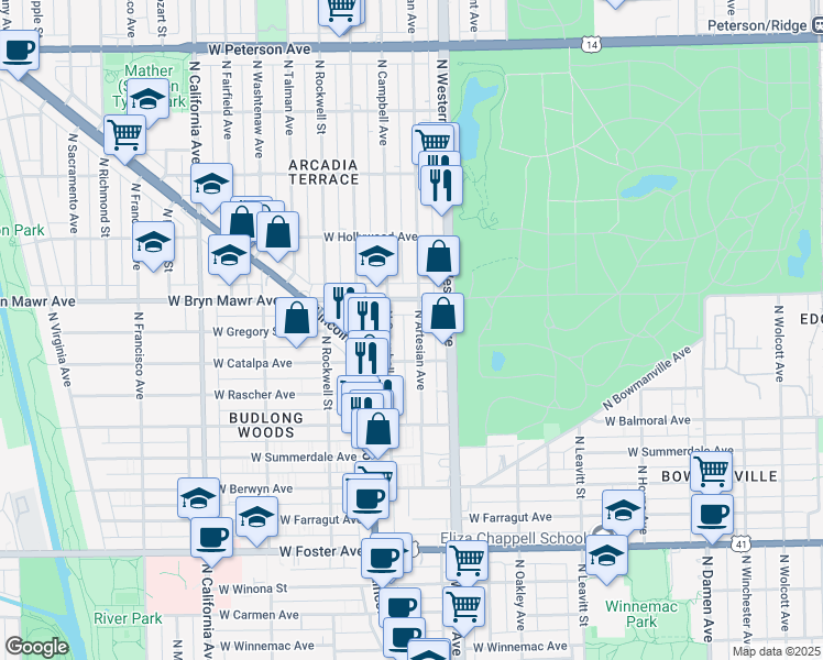 map of restaurants, bars, coffee shops, grocery stores, and more near 5519 North Campbell Avenue in Chicago