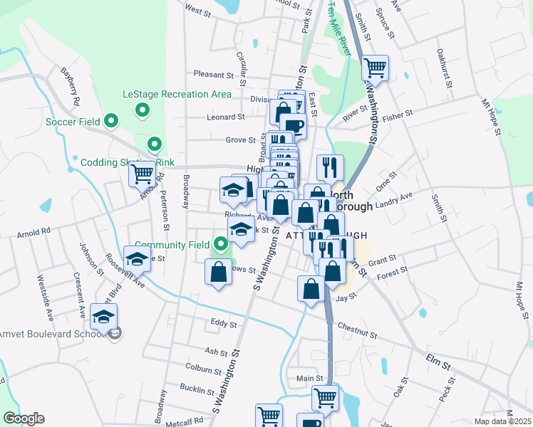 map of restaurants, bars, coffee shops, grocery stores, and more near 24 Richards Avenue in North Attleborough