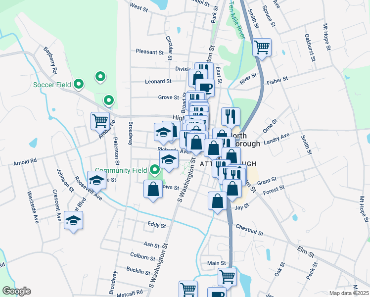 map of restaurants, bars, coffee shops, grocery stores, and more near 24 Richards Avenue in North Attleborough