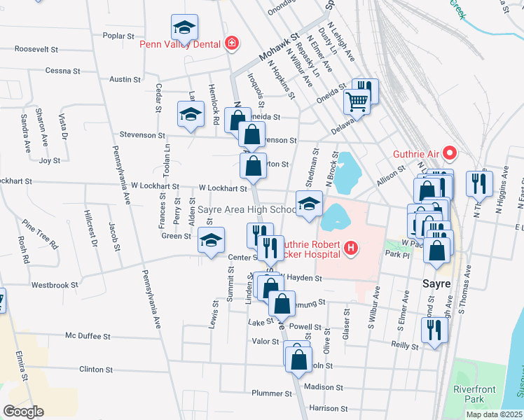 map of restaurants, bars, coffee shops, grocery stores, and more near 116 South Hopkins Street in Sayre