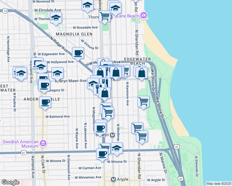 map of restaurants, bars, coffee shops, grocery stores, and more near 5500 North Winthrop Avenue in Chicago