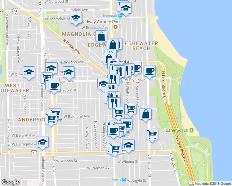 map of restaurants, bars, coffee shops, grocery stores, and more near 5501 North Broadway in Chicago
