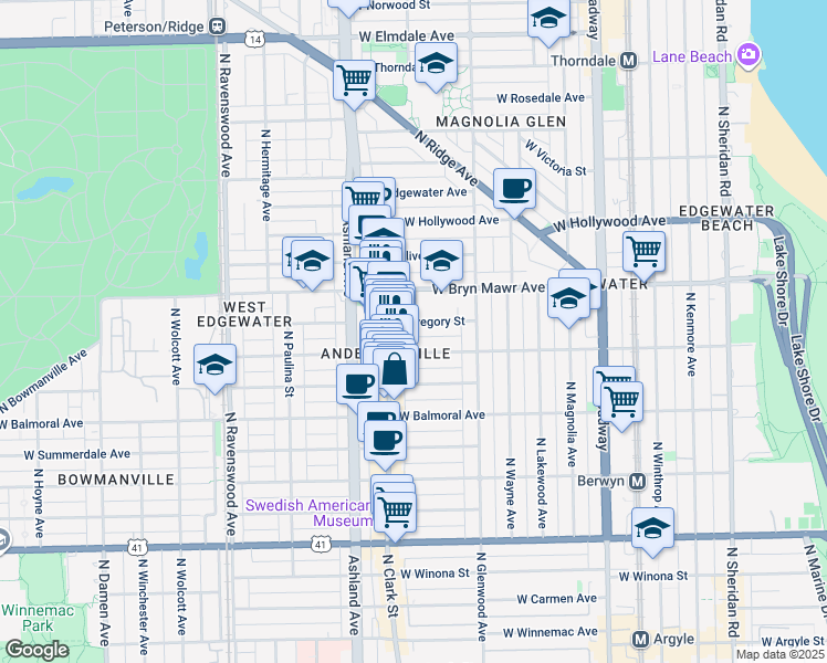 map of restaurants, bars, coffee shops, grocery stores, and more near 1464 West Catalpa Avenue in Chicago