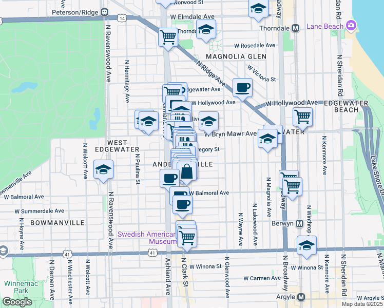 map of restaurants, bars, coffee shops, grocery stores, and more near 1464 West Catalpa Avenue in Chicago