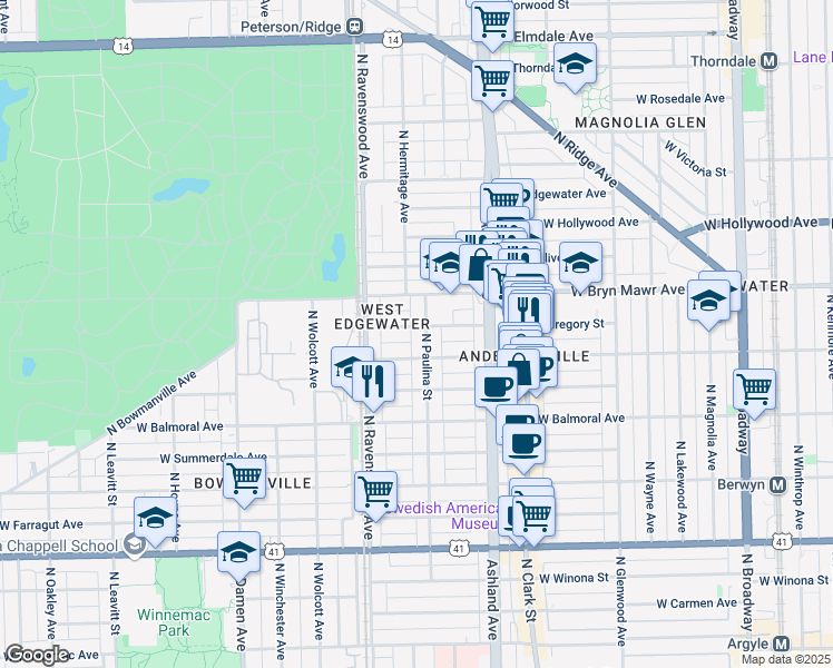 map of restaurants, bars, coffee shops, grocery stores, and more near 5511 North Paulina Street in Chicago