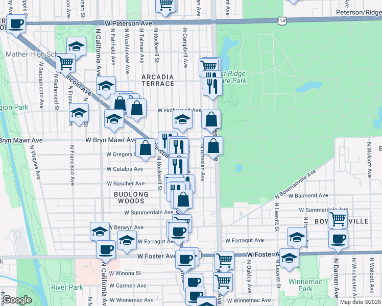 map of restaurants, bars, coffee shops, grocery stores, and more near 5519 North Campbell Avenue in Chicago