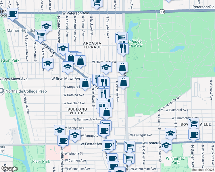map of restaurants, bars, coffee shops, grocery stores, and more near 5519 North Campbell Avenue in Chicago