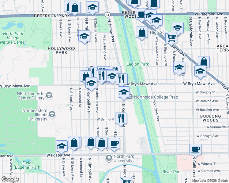 map of restaurants, bars, coffee shops, grocery stores, and more near 5523 North Sawyer Avenue in Chicago