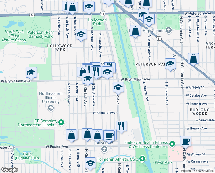 map of restaurants, bars, coffee shops, grocery stores, and more near 5525 North Spaulding Avenue in Chicago