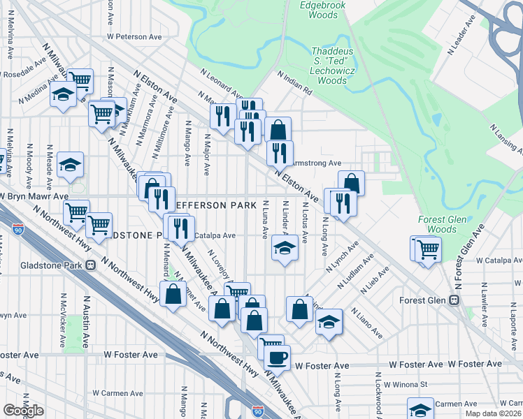 map of restaurants, bars, coffee shops, grocery stores, and more near 5529 North Central Avenue in Chicago