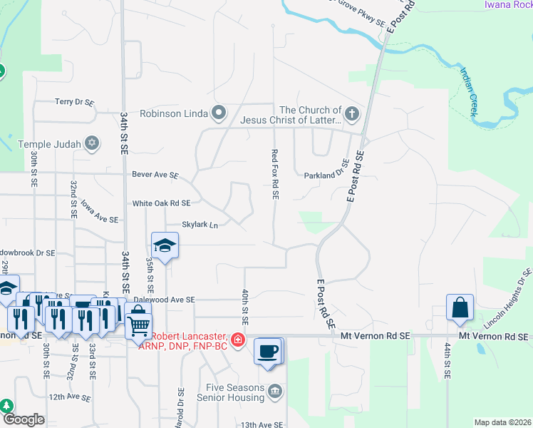 map of restaurants, bars, coffee shops, grocery stores, and more near 436 Red Fox Road Southeast in Cedar Rapids