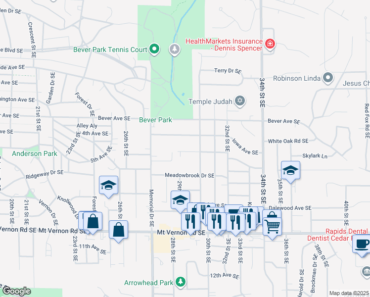 map of restaurants, bars, coffee shops, grocery stores, and more near 2805 Virginia Drive Southeast in Cedar Rapids