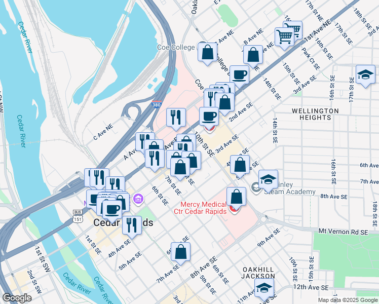 map of restaurants, bars, coffee shops, grocery stores, and more near 811 2nd Avenue Southeast in Cedar Rapids