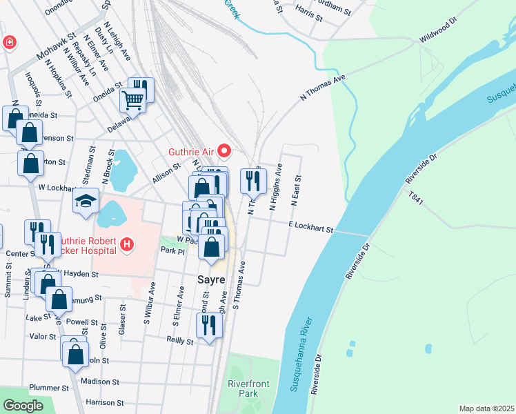 map of restaurants, bars, coffee shops, grocery stores, and more near 93 North Higgins Avenue in Sayre