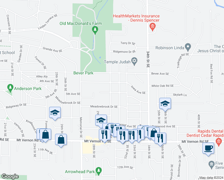 map of restaurants, bars, coffee shops, grocery stores, and more near 424 30th Street Southeast in Cedar Rapids
