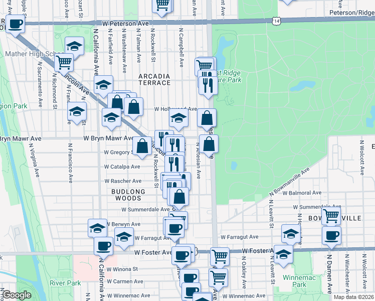 map of restaurants, bars, coffee shops, grocery stores, and more near 5519 North Campbell Avenue in Chicago
