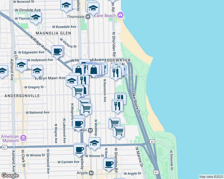 map of restaurants, bars, coffee shops, grocery stores, and more near 5500 North Sheridan Road in Chicago