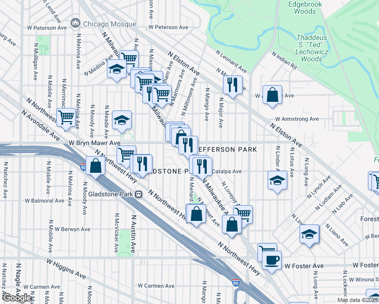 map of restaurants, bars, coffee shops, grocery stores, and more near 5522 North Milwaukee Avenue in Chicago